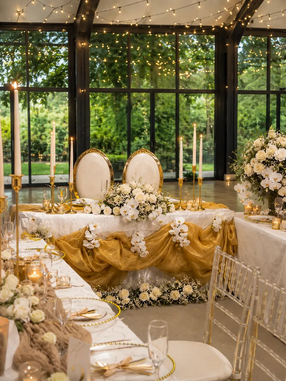 Elegant reception table styled with candles and white florals